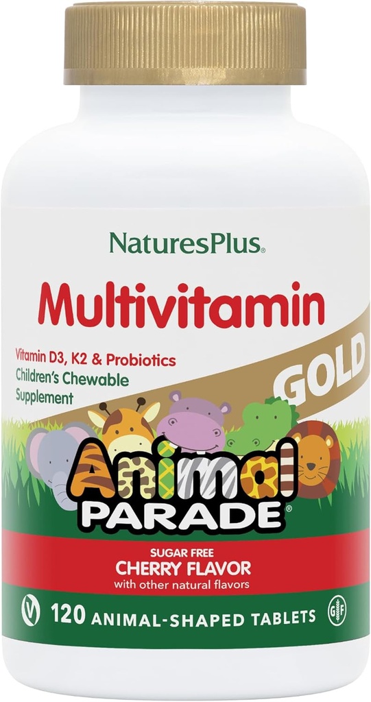 NaturesPlus Animal Parade Gold Children 's Chewable Multivitamin - přírodní třešňový Flavor - 120 Zvířecí Shaped- Tablety, balení po 2 - s vitaminem D3, K2 & Probiotika - 120 Celkem Podání