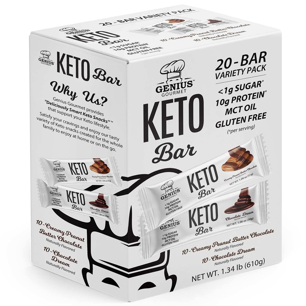 Génius Gourmet gluten Free Keto Protein Bar, Čokoláda Keto Bary, Premium MCTs, Nízký karb, Nízký cukr (Variety Pack, 20 Počet (Balení po 1))