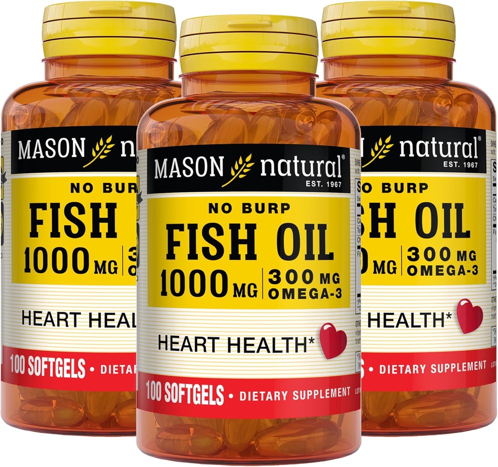 Mason Natural No Burp Fish Oil 1000 mg Omega, 3 300 mg, podporuje normální zdraví srdce, 100 Softgels (balení po 3)