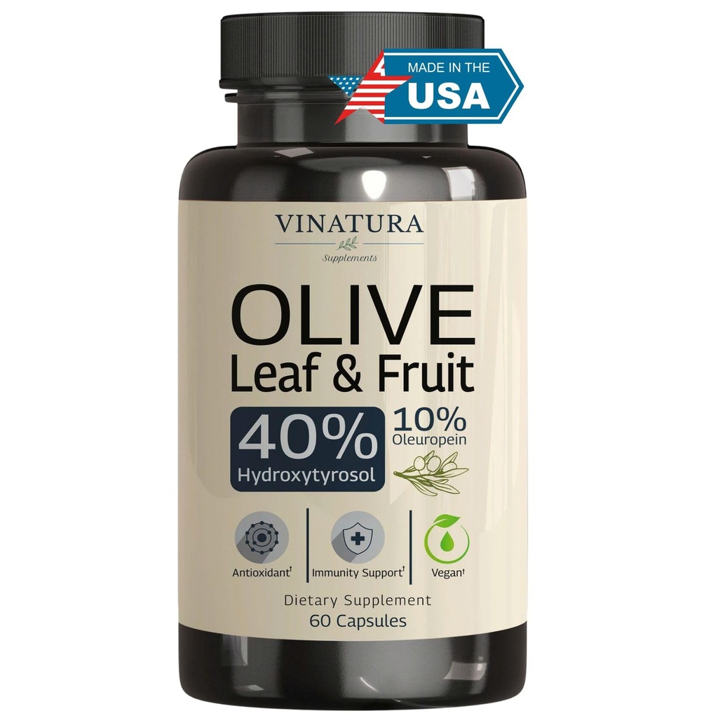 VINATURA Hydroxytyrosol Supplement, Olive Leaf Extract - 40% Hydroxytyrosol Olive Fruit Extract, 50% Oleuropein Olive Leaf Extract Kapsle - 60 Kapsle