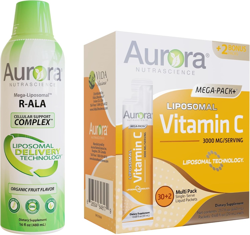 Aurora Nutrascience Mega- Liposomální R- ALA s CoQ10 & L- karnitinovým komplexem a Mega Lipozomální vitamin C, 3 000 mg Bundle