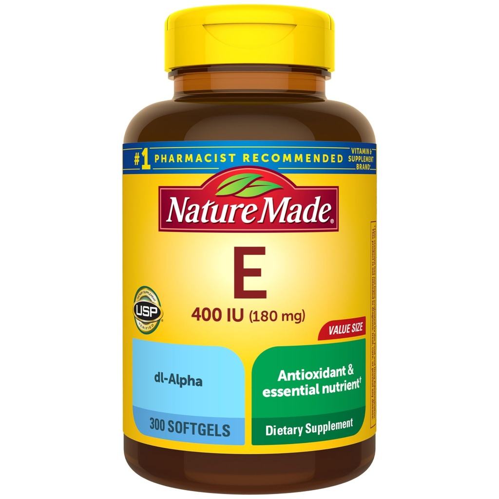 Nature Made Vitamin E 180 mg (400 IU) dl- Alpha, dodatek stravy pro antioxidační podporu, 300 Softgels, 300 denní dodávka