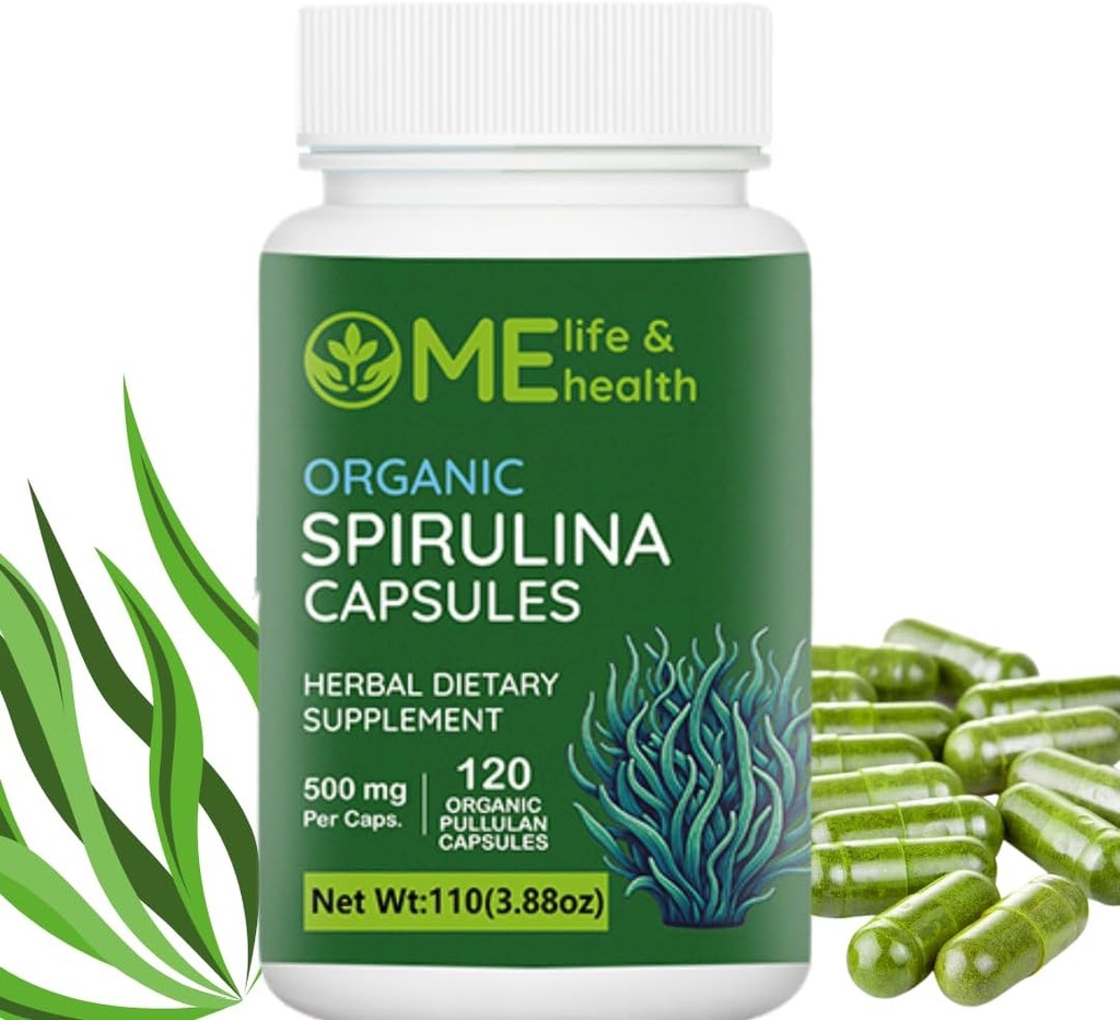 ME LIFE & ZDRAVOTNÍ Spirulina Kapsle, 100% organická spirulina prášek (120 ct) 500mg Bohaté na protein, vitamind A, B12 Antioxidanty & Vitaminy, Vegan, přírodní a čistá spirulina Non- GMO & gluten zdarma