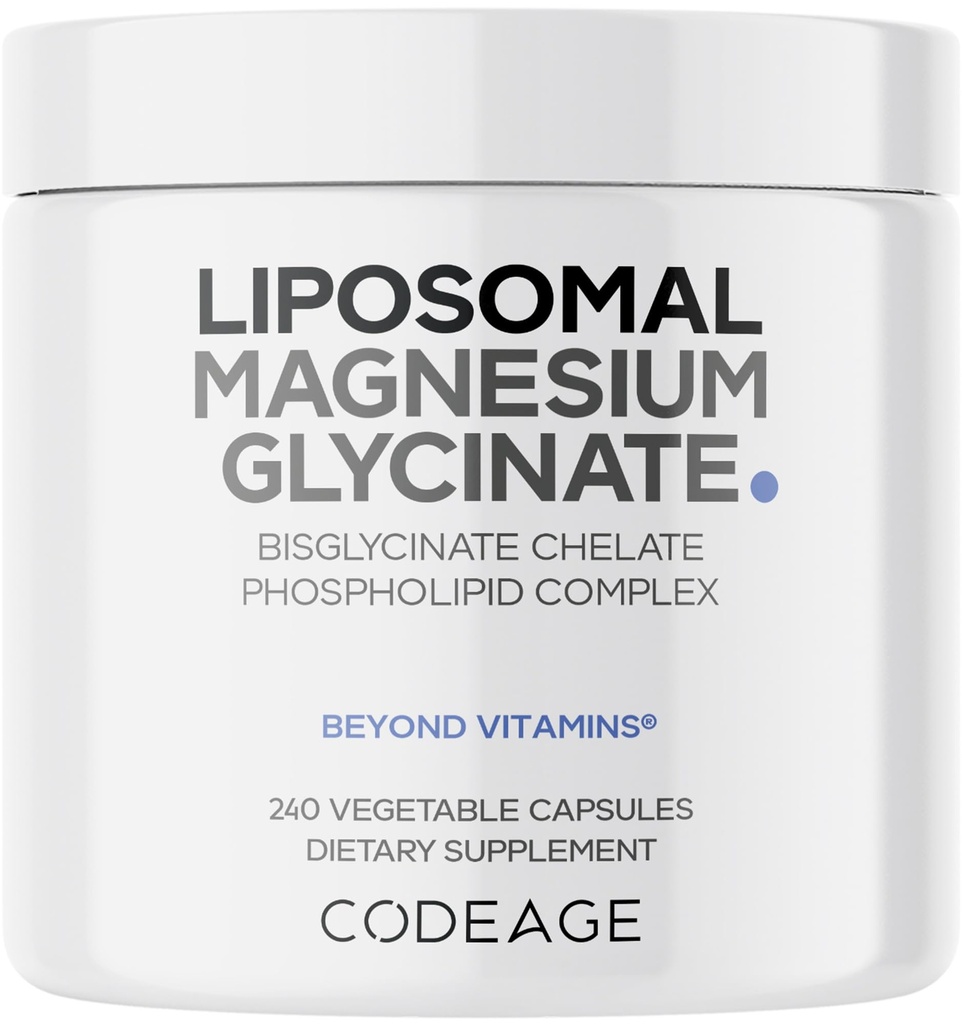 Codeage Lipozomální doplněk hořčíku Glycinát, 2- Month Supply, Bisglycinát Magnesium Chelát, Chelated Magnesium Minerální pilulky, BioPerine Black Pepper Vitamíny Kapsle, Non- GMO Vegan, 240 ct
