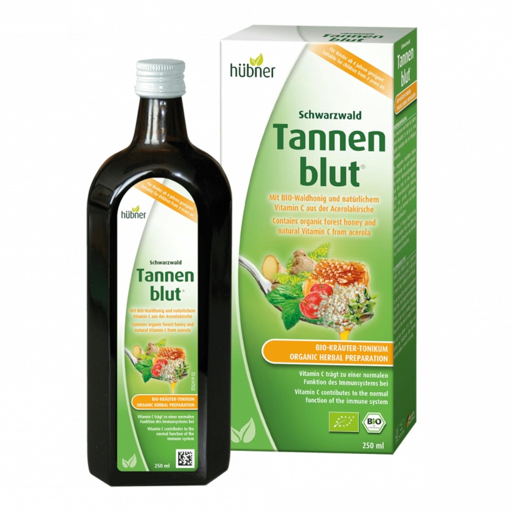 Hubner Tannenblut Organic Herbal Preparation, Honey Cough Syrup, Cold and Sore Throat Support, Soothing Relief, Vitamin C dodatek pro dospělé a děti 4 a starší, Kosher a Alcohol- Free, 250 ml
