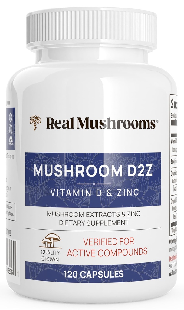 Skutečné houby Zinek a vitamin D2 Kapsle - s organickou chaga a Reishi Houbové Extrakty - Vitamíny pro celkovou wellness podporu - Vegan, Non- GMO, gluten- Free - 120 Count Houbový dodatek