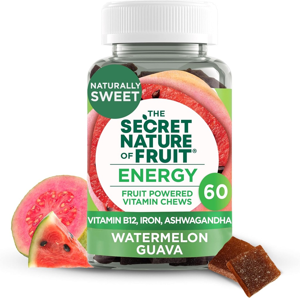 The Secret Nature of Fruit Energy Chews, Real Fruit Powered Vitamin Chews with Vitamin B12, Iron, Ashwagandha, Watermeloun & Guava for Long Lasting Energy (60 Count), Pink