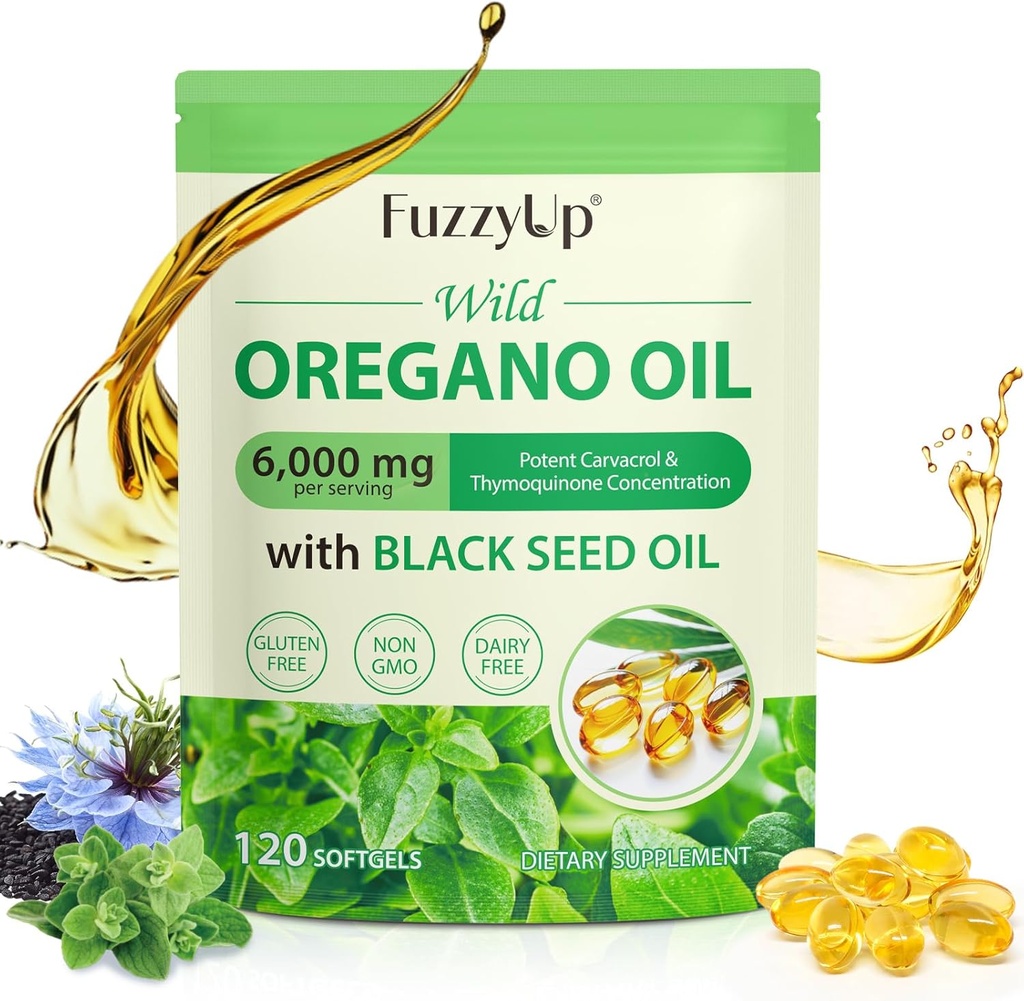 Oregano Oil Kapsle, 2 z 1 6000mg Oil Oregano s černým semenným olejem 200mg, Oil Oregano Softgels 120 Počet, Organic Oregano Oil Kapsle, Imunní podpora, Non- GMO, Dairy- Free, Gluten- Free