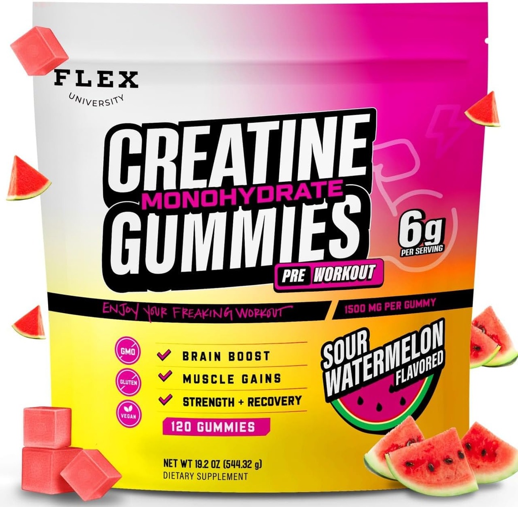Creatine PreWorkout Gummies for Men Women 6g, Creatine Monohydric Pre Post Workout Recovery Muscle Building Supplementary Protein Chewables, Vegan Meloun Creatina Gym Booty Growth Gains (120 Ct)