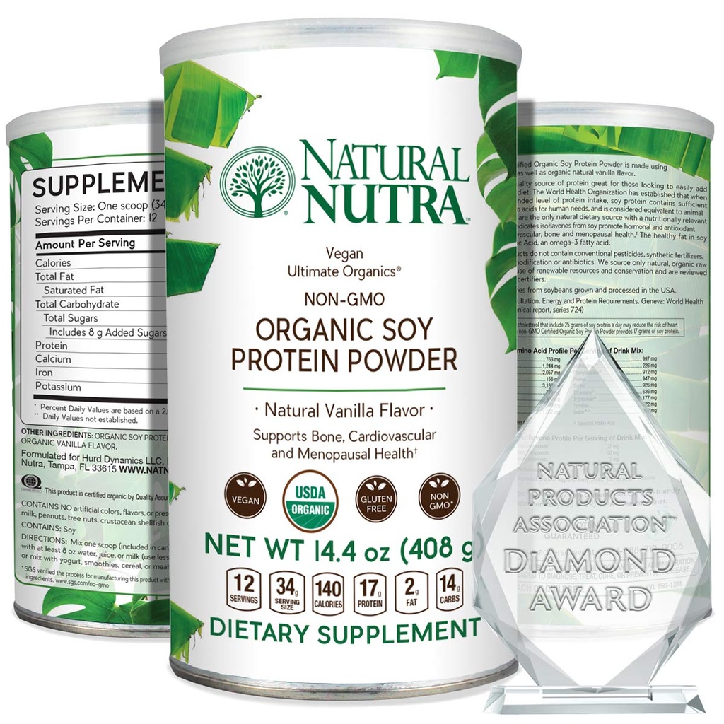 Natural Nutra Organic Vegan Plant Based Soy Protein Source Powder, Support Midlife Transition, Podporuje kosti a zlepšuje kardiovaskulární zdraví, gluten Free, Non GMO, Sugar- Free 14.4 OZ.