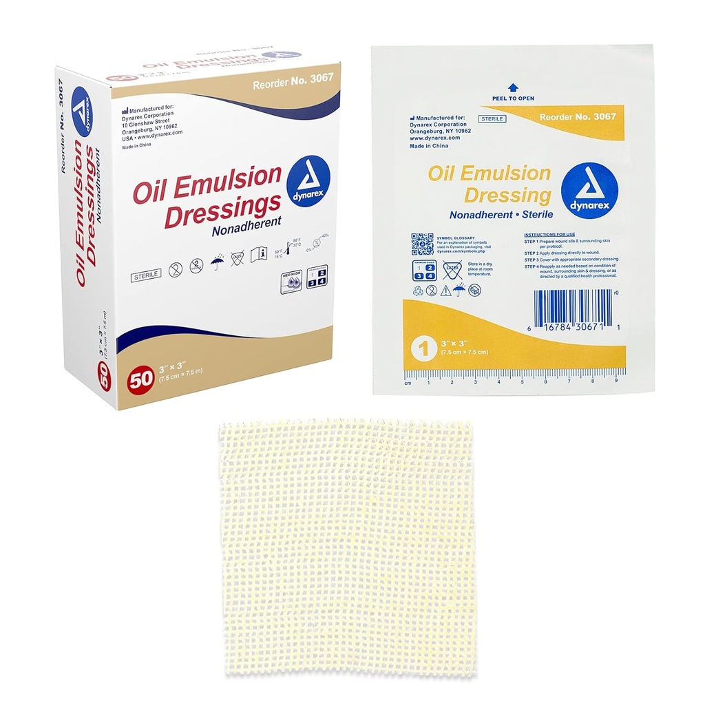 Dynarex Oil Emulzní Dressings, Wound Care, Absorbent, 3 "x 3" Sterilní Knight Gáza Dressing s emulzní směsí Petrolatum a slunečnicového oleje, 1 box 50 olejových emulzních dressingů