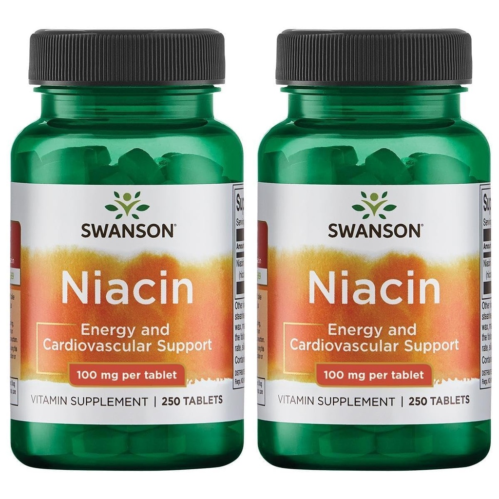 Swanson Niacin (vitamin B3) - dodatek vitamínu podporující srdeční zdraví a metabolismus karbohydrátů - Promotes Natural Energy Production - (250 tablet, 100 mg NE každé) (2 balení)
