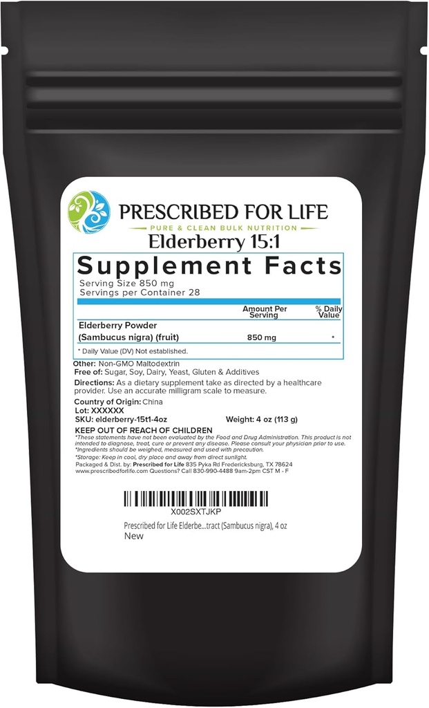 Předepsaný pro život Elderberry Powder, Práškové Elderberry pro dospělé, Vysoký obsah vitaminu C, plný dietních vláken a antioxidantů, Vegan, Gluten Free, Non GMO (4oz / 113g)