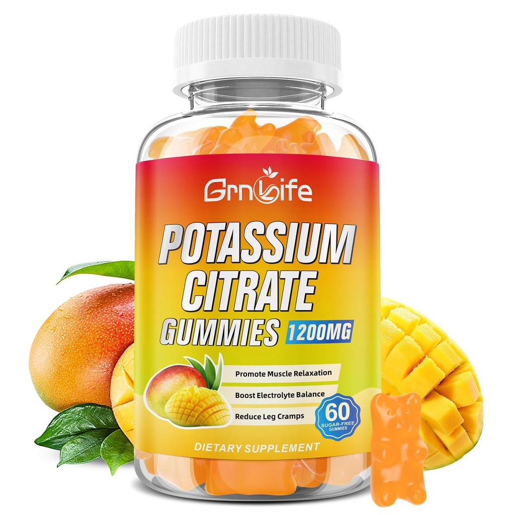 Citrátové žvýkačky kalium, Doplněk draslíku Žvýkačky 1200mg pro dospělé a děti, Podpora bolesti nohou a svalů zdraví, Vegan, Mango Flavor 60 Počet