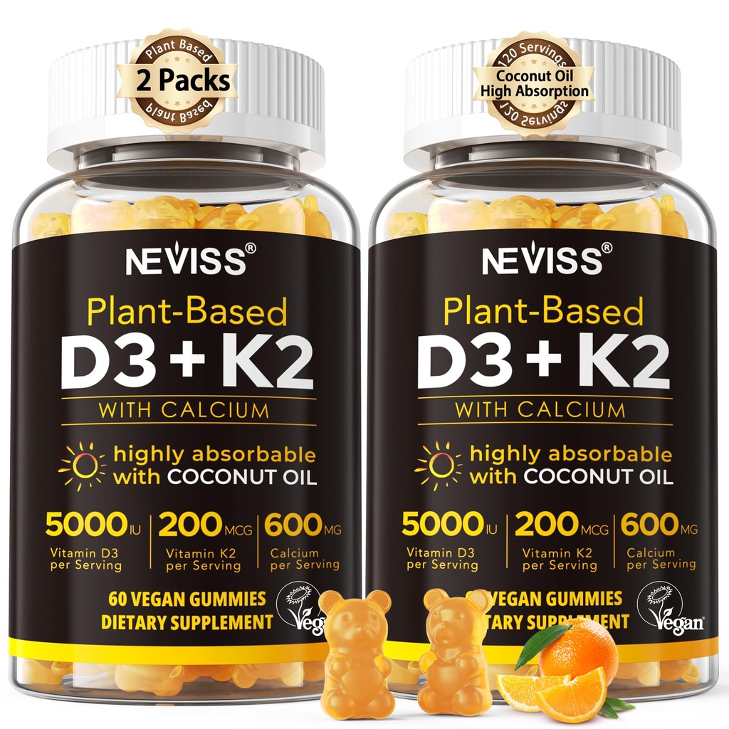 Vitamin D3 5000iu & K2 (jako MK7) 200mcg Gummies + 600mg vápníku, s kokosovým olejem pro vysokou absorpci, Maximální síla vitamin D3 K2 dodatek - Podpora pro kostní svaly imunitní, Vegan 2Packs