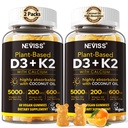 Vitamin D3 5000iu & K2 (jako MK7) 200mcg Gummies + 600mg vápníku, s kokosovým olejem pro vysokou absorpci, Maximální síla vitamin D3 K2 dodatek - Podpora pro kostní svaly imunitní, Vegan 2Packs