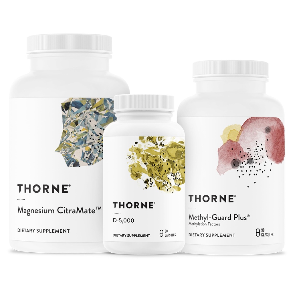 THORNE - Essential Wellness Trio - Methylatační podpora + Magnesium CitraMate + Vitamin D-5000-60 Servings