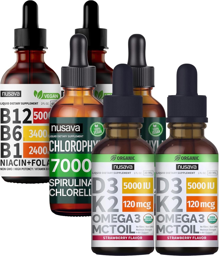 NUSAVA Jahodové ochucené D3 K2, chlorofyl, a vitamín B12 tekuté kapky Bundle - Potentní tekuté vitamíny pro srdce, energie, mozek a imunitní podpora - Non- GMO, gluten- zdarma, 2pk Každý