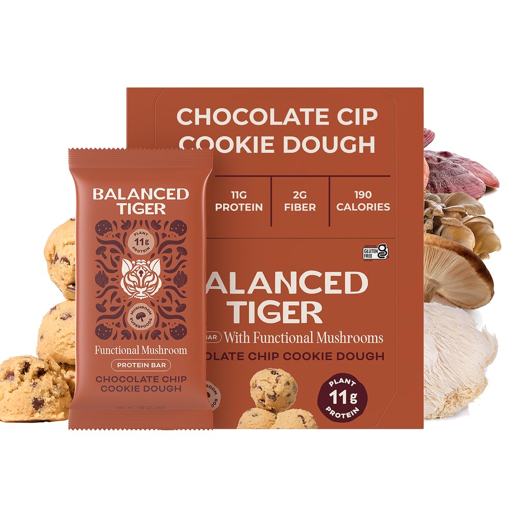 Organic Functional Mushroom Vegan Protein Bars 124; Made in USA CLAS124; Full Dose (1500mg) Lions Mane, Chaga, Reishi & Cordyceps Bars CLAS124; Plant Protein Bars w / Adaptogens & Superfoods CLAS124; Chocolate Chip Cookie Dough