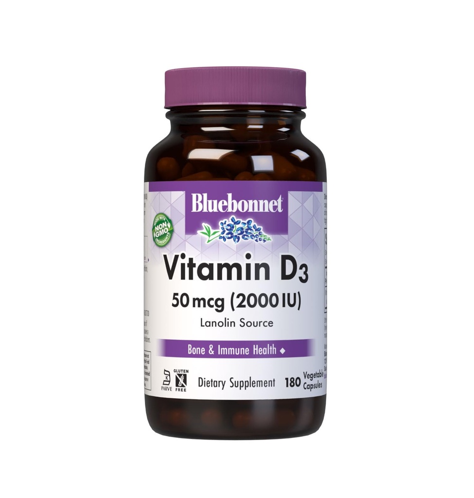 Bluebonnet Nutrition Vitamin D3 2000 IU Zeleninové kapsle, Podpora při růstu svalů a skelet, Cholekalciferol z lanolinu, D3, Non GMO, Lepek zdarma, Soy Free, Mléko zdarma, Kosher, 180 Zeleninové kapsle