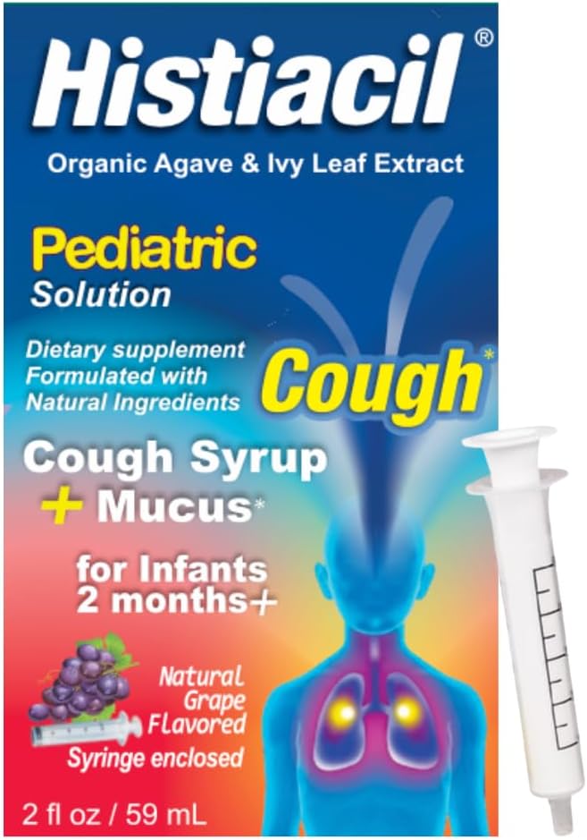 Histiacil Organic Agave Jarabe para TOS, Infants 2 months and older, Cough + Mucus Relief Made with Agave & Ivy Leaf Extract, Pediatric Formule for Children 's Daytime Mucus Grape Flavor, 2 fl oz