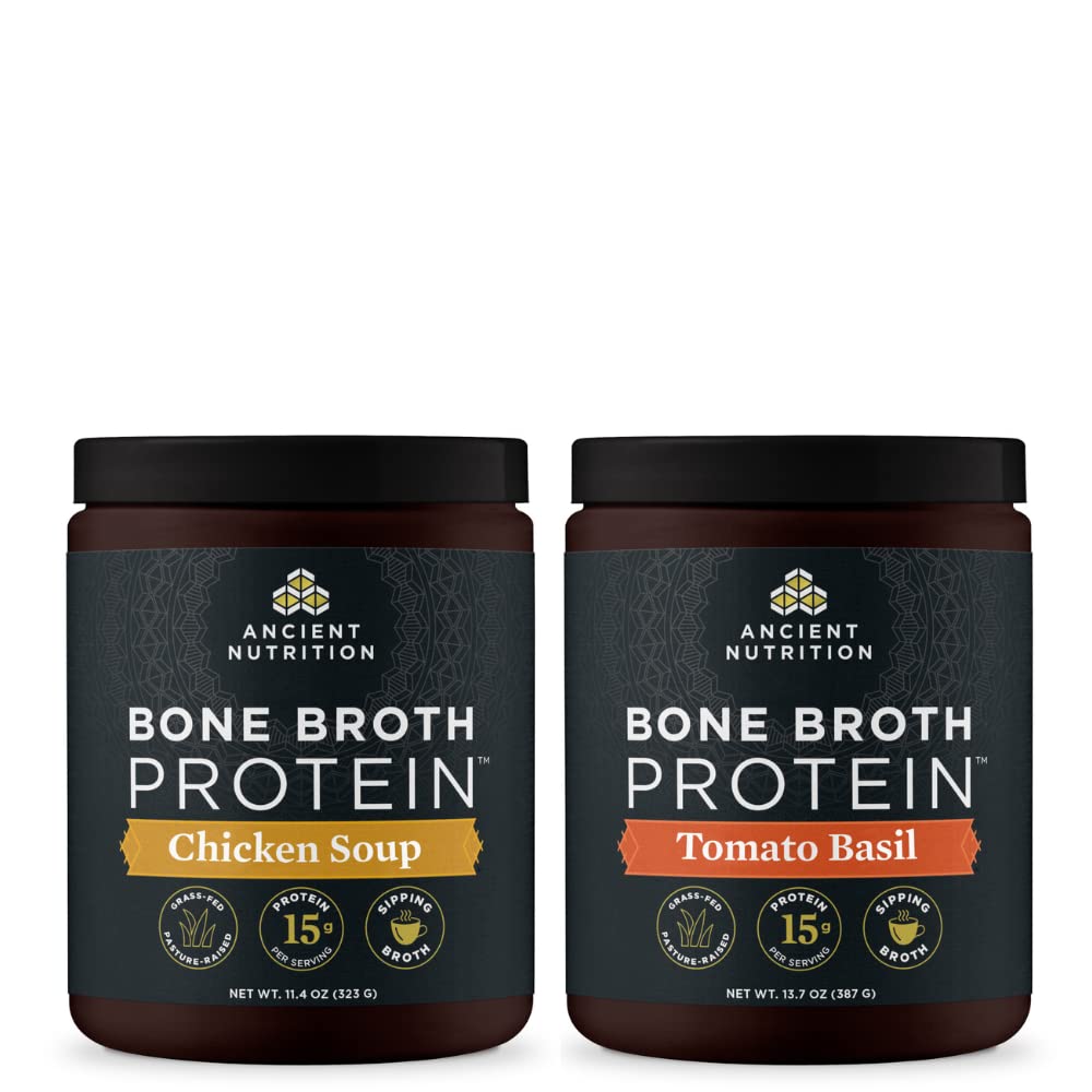 Starověké nutriční kostní protein prášek, kuřecí polévka, 15 porcí + porce kostní bílkoviny, bazalka rajčatová, 15 porcí