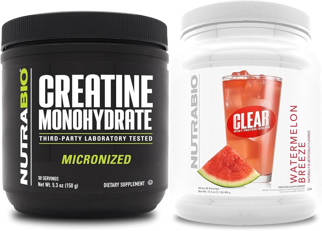 NutraBio Creatine Monohydrát, Neochucené, (150 g) a Clear Syrovátkový protein izolát, (vodní meloun Breeze) Doplněk Bundle - Svalová energie, Maximální růst, zotavení, a síla
