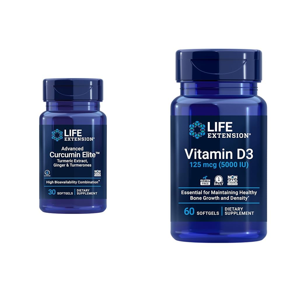 Life Extension Curcumin Elite Turmeric Ginger Extract & Vitamin D3 5000 IU Softgels - Zdravá zánětlivá imunitní odpověď a zdraví kostního mozku - 30 & 60 Počet