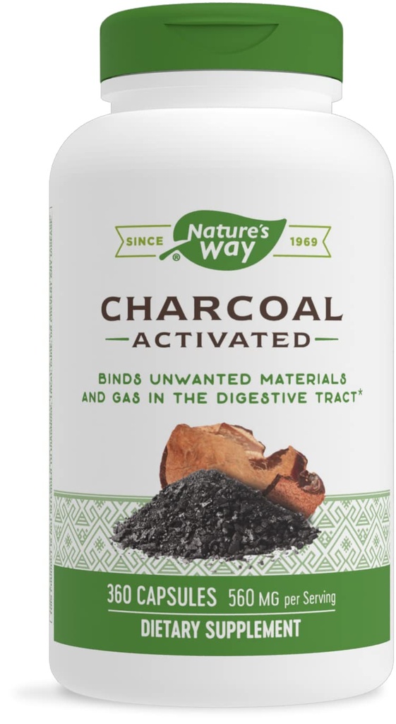 Nature 's Way Activated Charcoal, Binds Unwanted Materials and Gas in the Digestive Tract *, 560 mg / 2- Capsule Serving, 360 Capsules (Balení květen Vary)