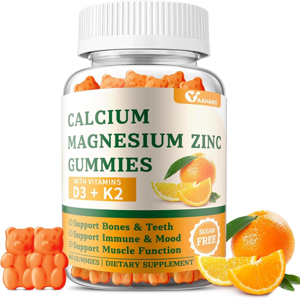 Zinkové gumy vápníku s vitaminem D3 a K2 - Bezcukerné vápníkové gumy pro ženy a muže - Kostní a imunitní podpora - Non- GMO, Bezlepkové, Oranžové ochucené - 60 Gumy