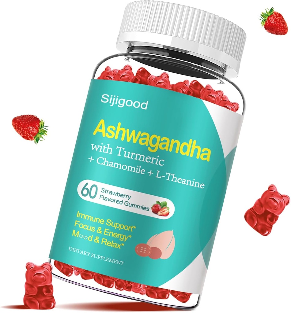 Ashwagandha Gummies s L-theanine, Ashwa Root dodatek Gummy pro ženy muže, 60 Jahodové ochucené gumy