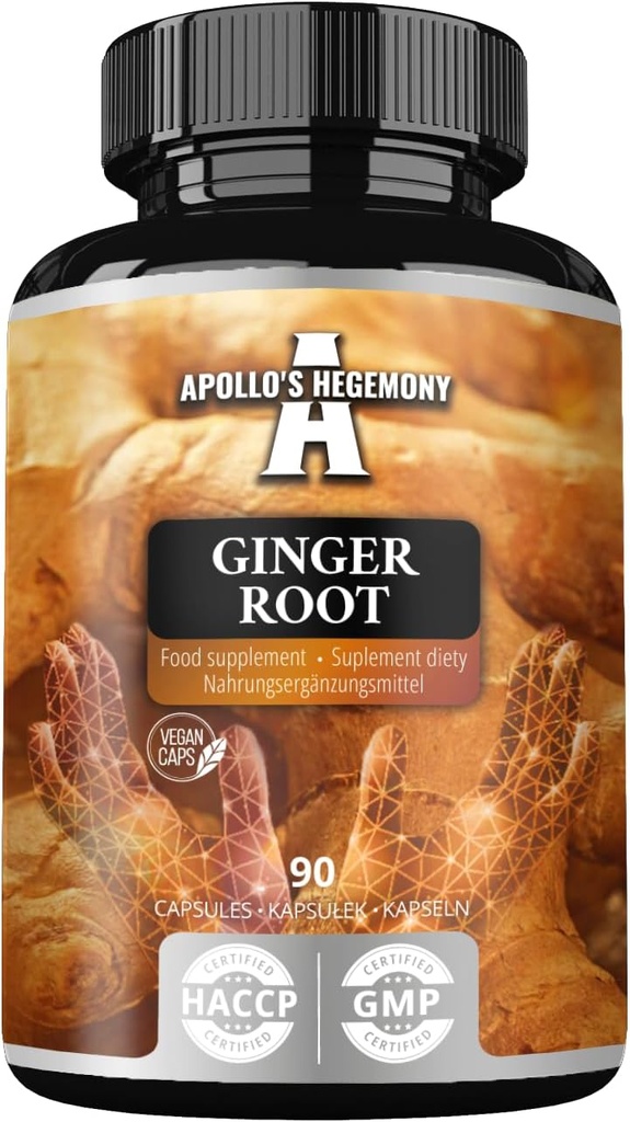 APOLLO 'S HEGEMONY Ginger Root 500 mg, Extrakt obsahuje 5% perník, 90 Vegan Kapsle, 3 měsíce Dodávka, Zázvorové bylinné doplňky pro stravitelné pohodlí a imunitní podporu