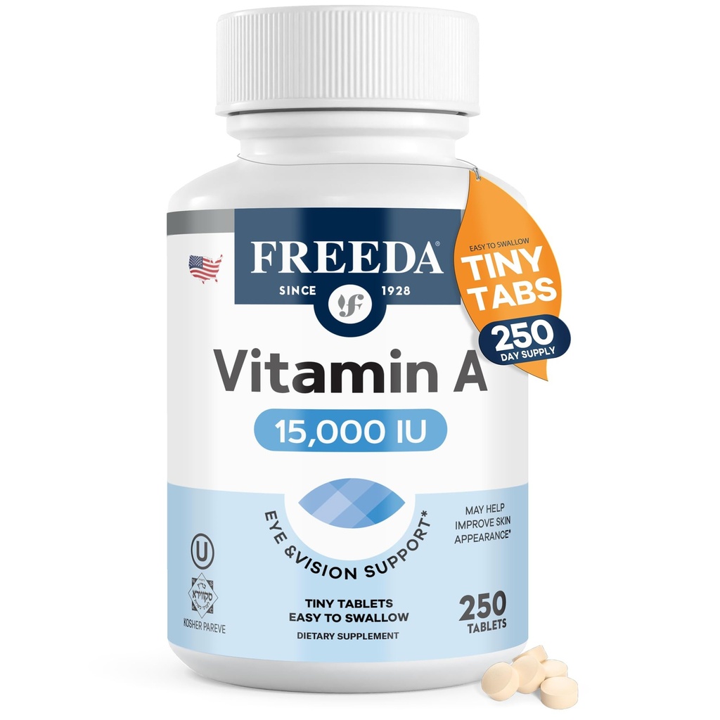 Freeda Vitamin A 15 000 IU - Retinyl Palmitát - Vegan, Kosher, No Fish - Eye, Vision, Imunite & Skin Support - Tiny Easy- to- Polykací tablety - VIT A Vitamina Dodatek - 250 Tablety