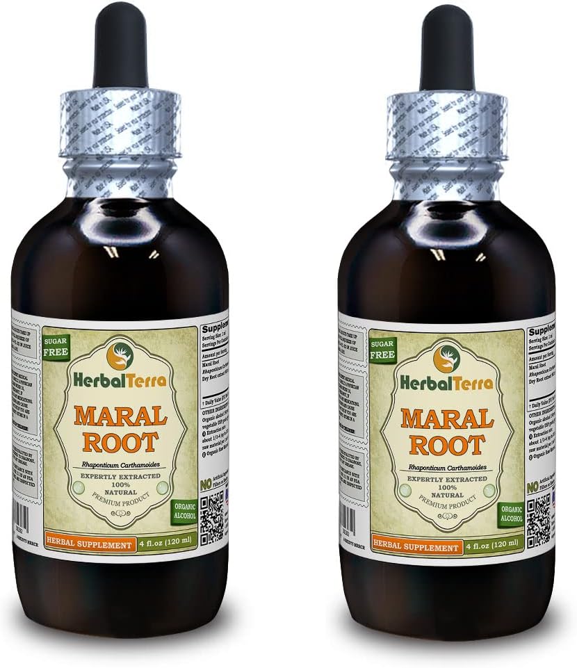 Maral Root (Rhaponticum Carthamoides) tinktura, Organic Sured Roots Liquid Extract (Značka: HerbalTerra, Proudly Made in USA) 2x4 fl.oz (2x120 ml)