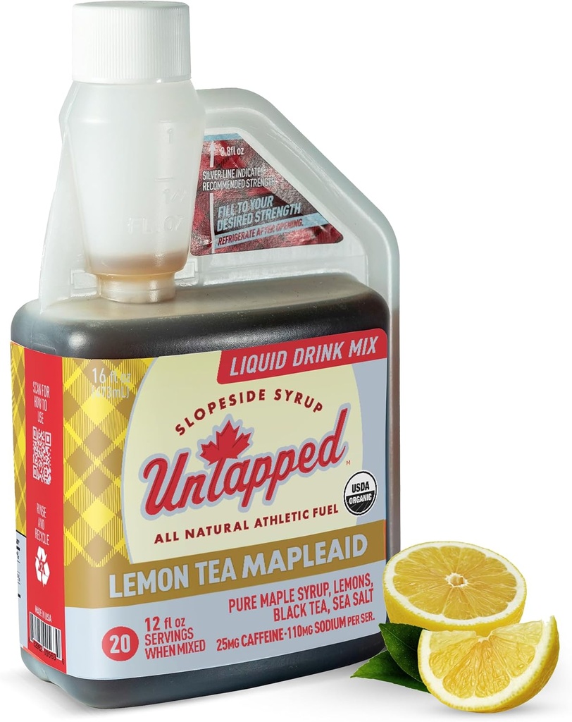 Netknutý Lemon Tea Mapleaid - 20 Servings 16 fl oz Bulk láhev organické javorové sirupu, Lemon Juice & Black Tea running Fuel Energizing Electrolytes & Caffeine Přirozeně poháněn Pure Vermont Maple
