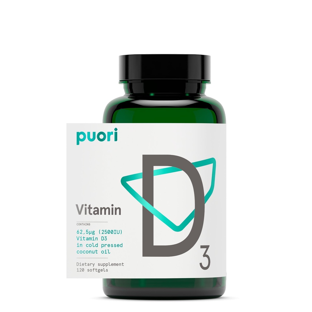 Vitamin D3 Doplněk s organickým kokosovým olejem pro optimální absorpci 124; Zdravá funkce svalů, zdraví kostí, imunitní podpora, Non GMO 124; 2500 IU, 120 Softgel - by Puori