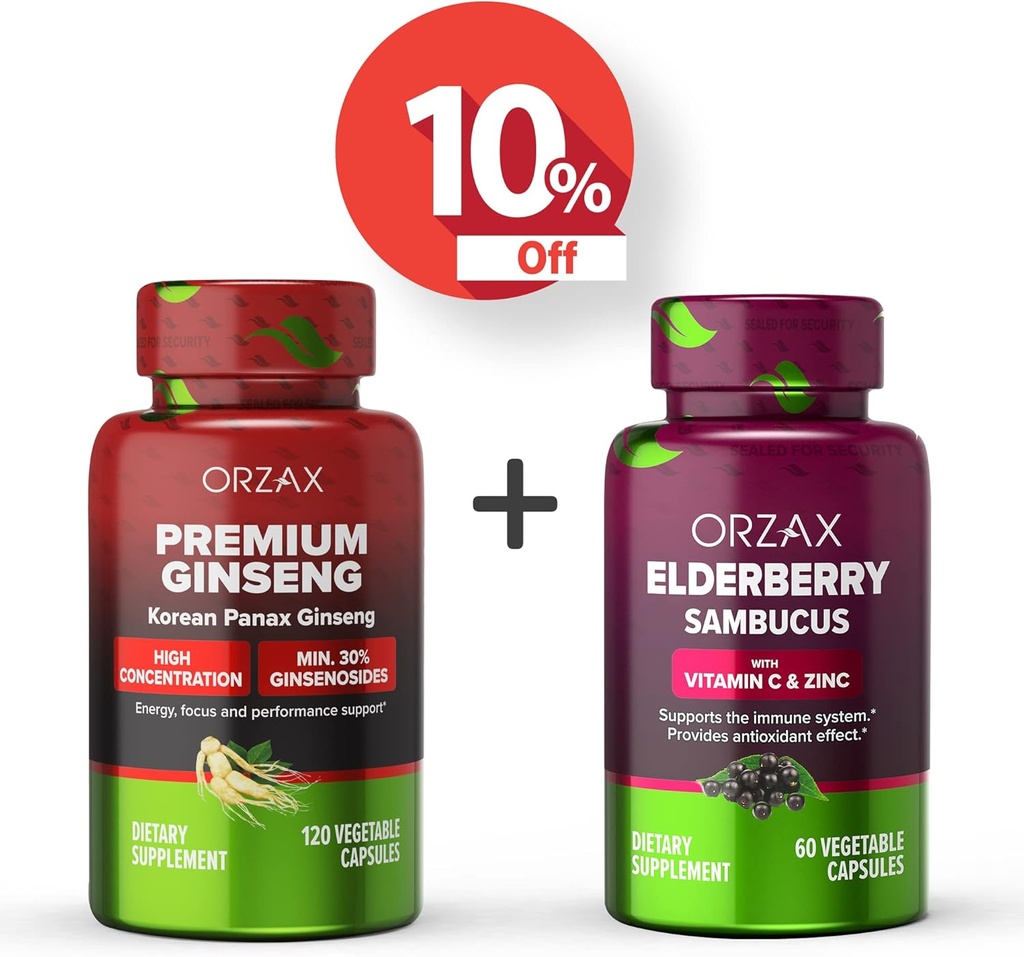 ORZAX Ginseng, 30% Ginsenosids, Premium 120 Zeleninové kapsle a Elderberry kapsle, 2000mg 60 Zeleninové kapsle, Bundle