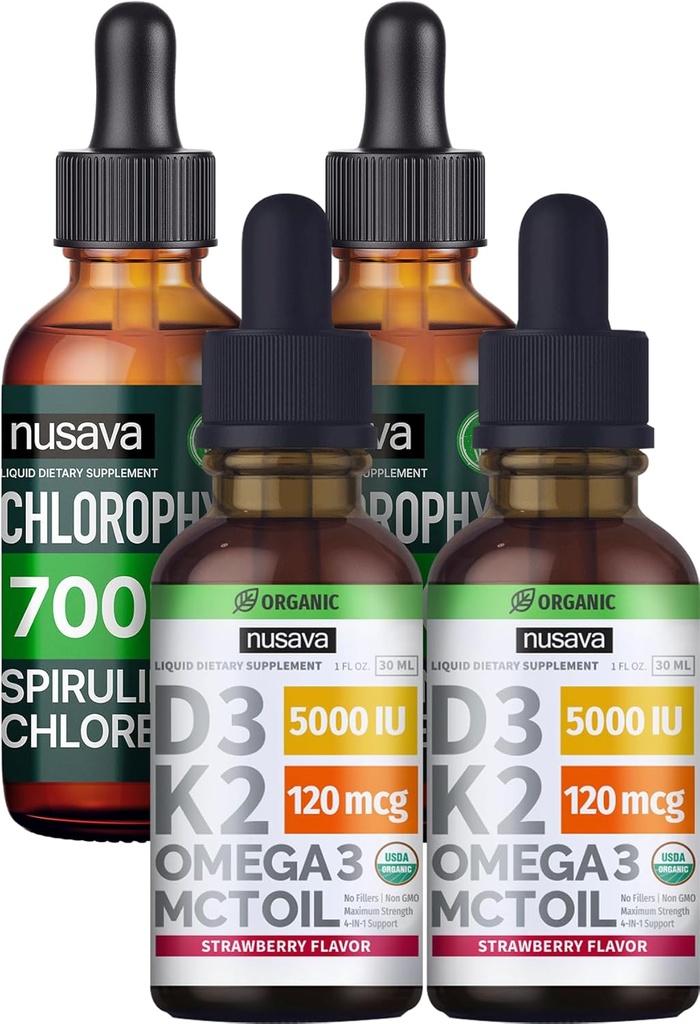 NUSAVA Jahodové ochucené D3 K2 Kapky a chlorofyl tekuté Kapky Bundle - Potentní tekuté vitaminy pro srdce, společné, energie, a imunitní podpora - Non- GMO, gluten- zdarma, 2pk Každý