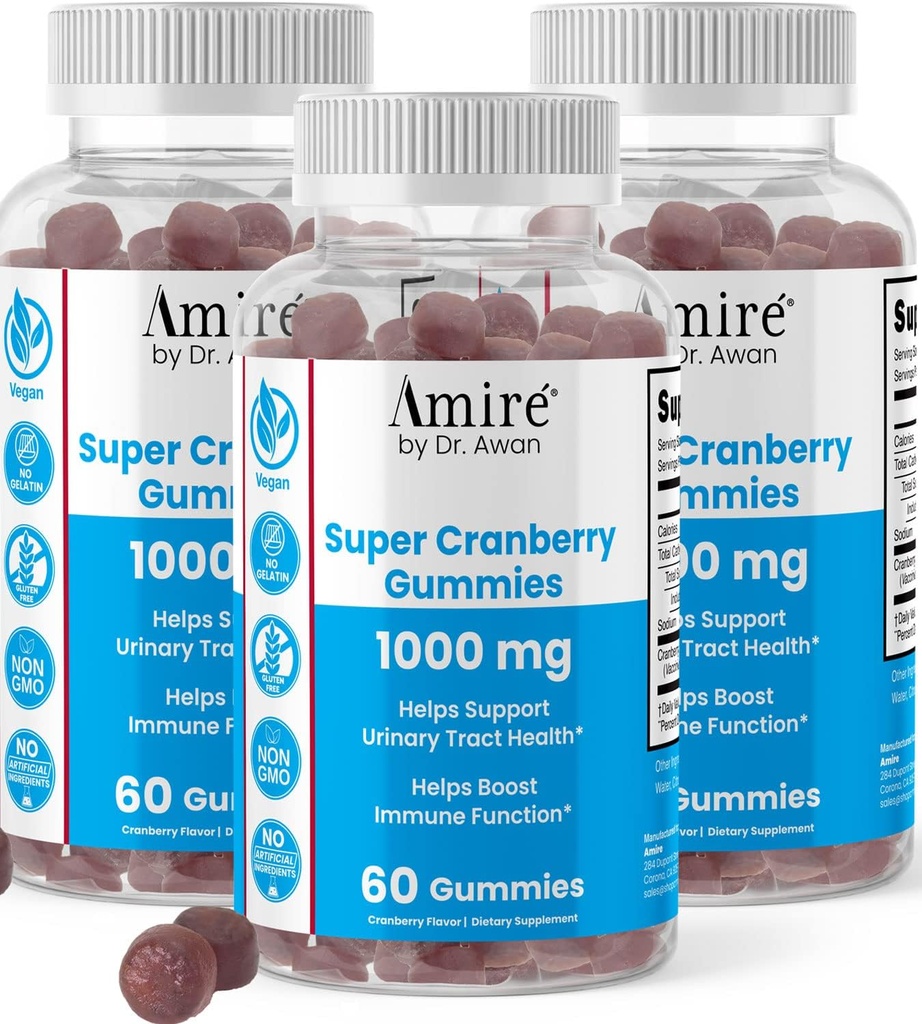 Amire od Dr. Awan Super Cranberry Gummies, Pomáhá podporovat močové trakt zdraví, pomáhá zvýšit imunitní funkci, Gelatin- Free Cranberry Chews pro muže a ženy, 180ct, 90- Day Supply