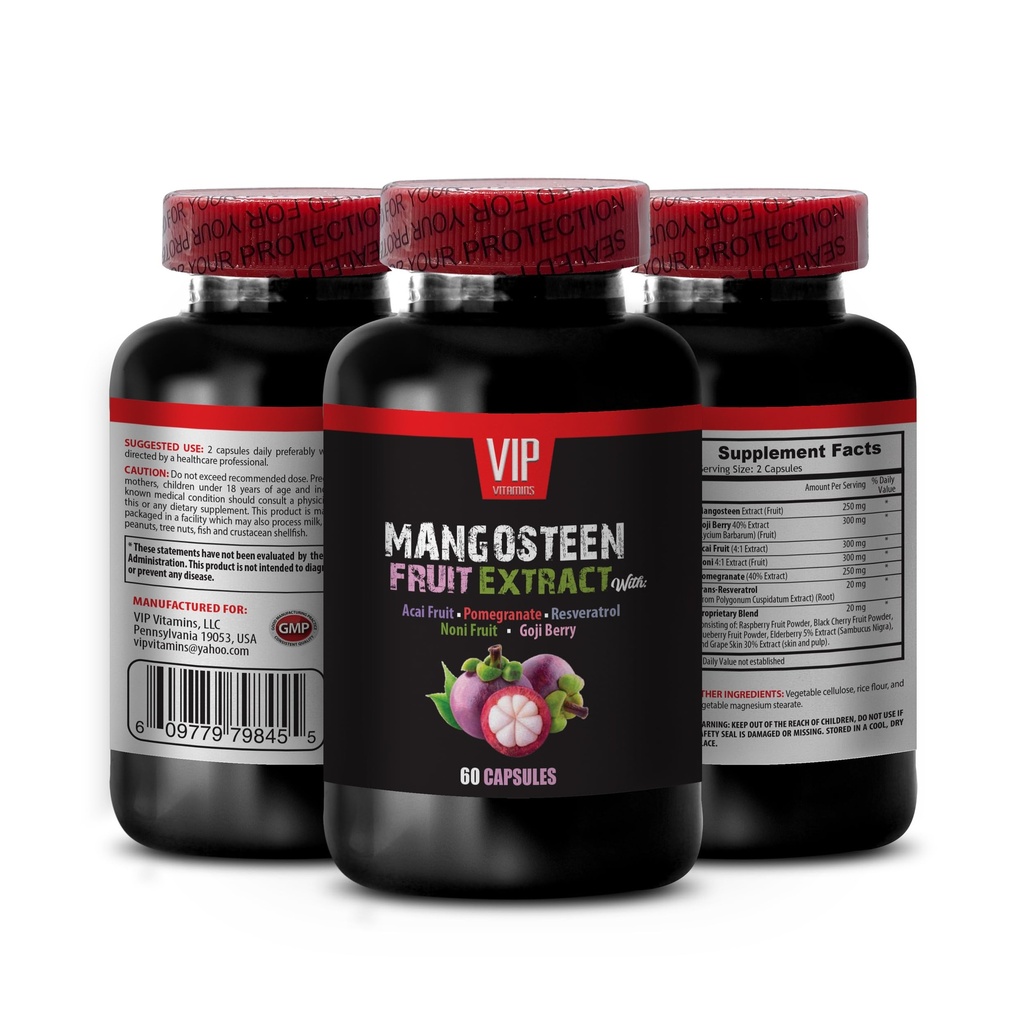 VIP VITAMINS Mangosteen, Mangosteen Extract - Mangosteen Fruit Extract - Acai Berry, Goji Berry, Pomegranate, Noni, Trans- Resveratrol, Elderberry Fruit, Grape Skin - 1 Lahvička 60 Kapsle