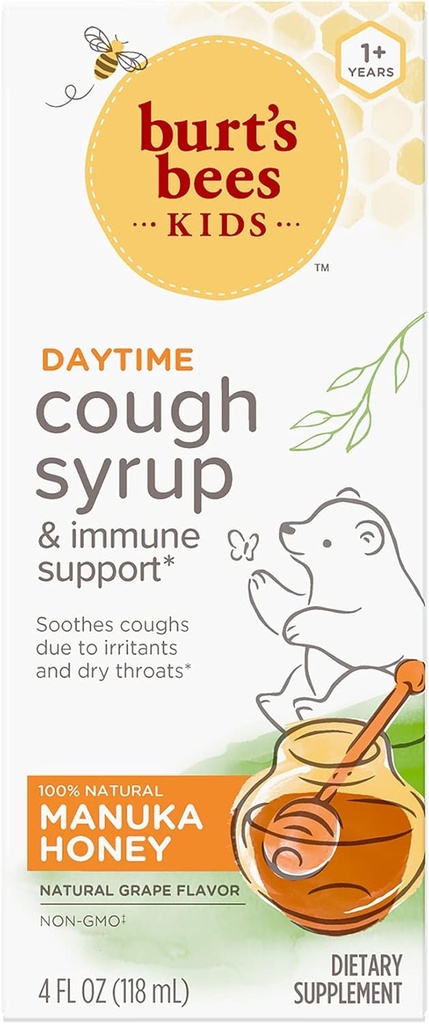 Burt 's Bees Kids Daytime Cough Syrup and Immunication Support, Natural Grape Flavor, Dietní dodatek, 4 Fl Oz