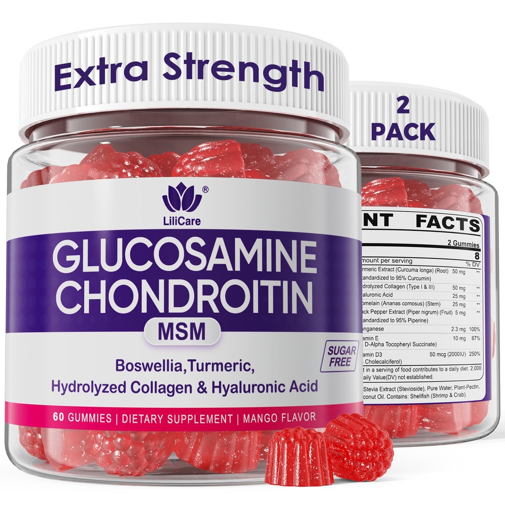 Glucosamine Chondroitin Gummies, Sugar Free Glucosamine Chondroitin MSM dodatek, Extra síla s Boswellia Turmeric, Hydrolyzované kolagen & Hyaluronic Acid, Kostní zdraví pro muže a ženy, 120 Cts