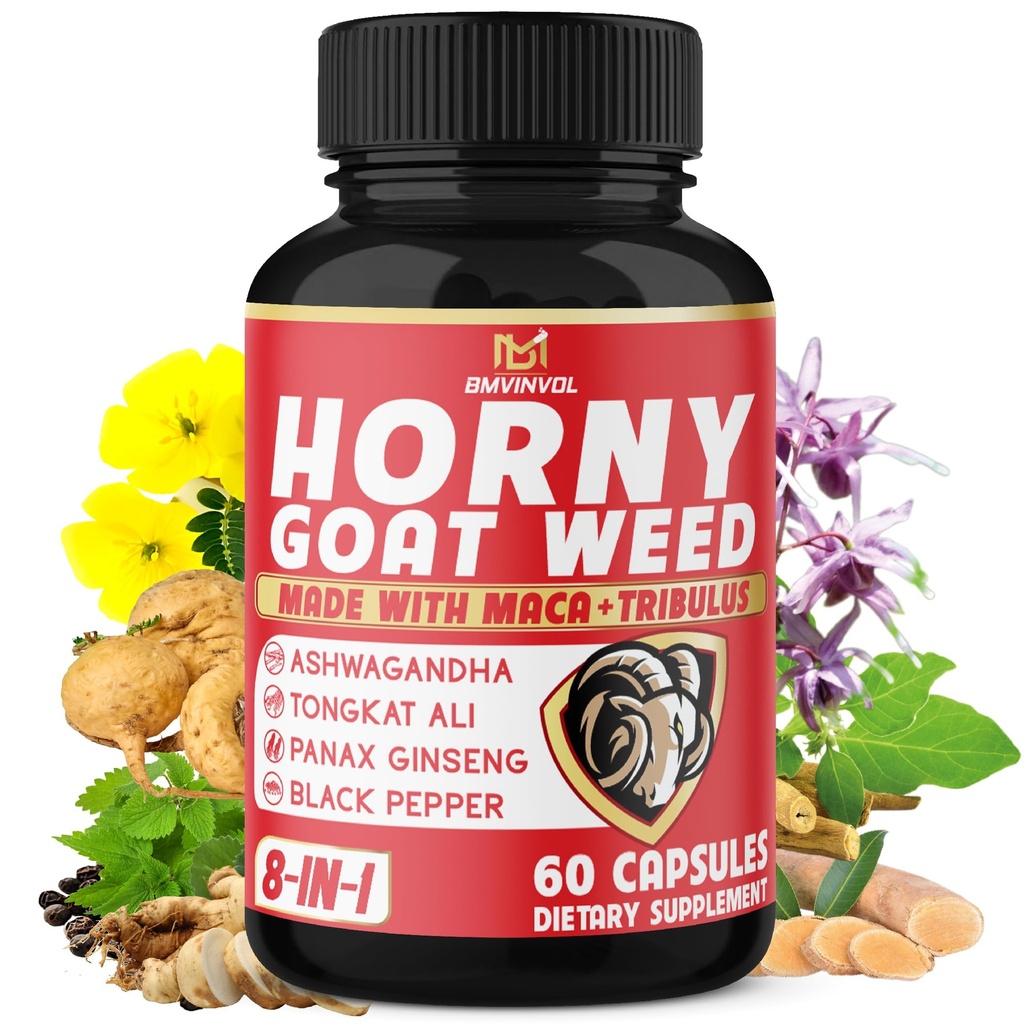 BMVINVOL Horny Goat Weed Kapsle s Tribulus, Ginseng, Ashwagandha, Maca, Tongkat Ali, Nettle, Black Pepper - 60 Počet