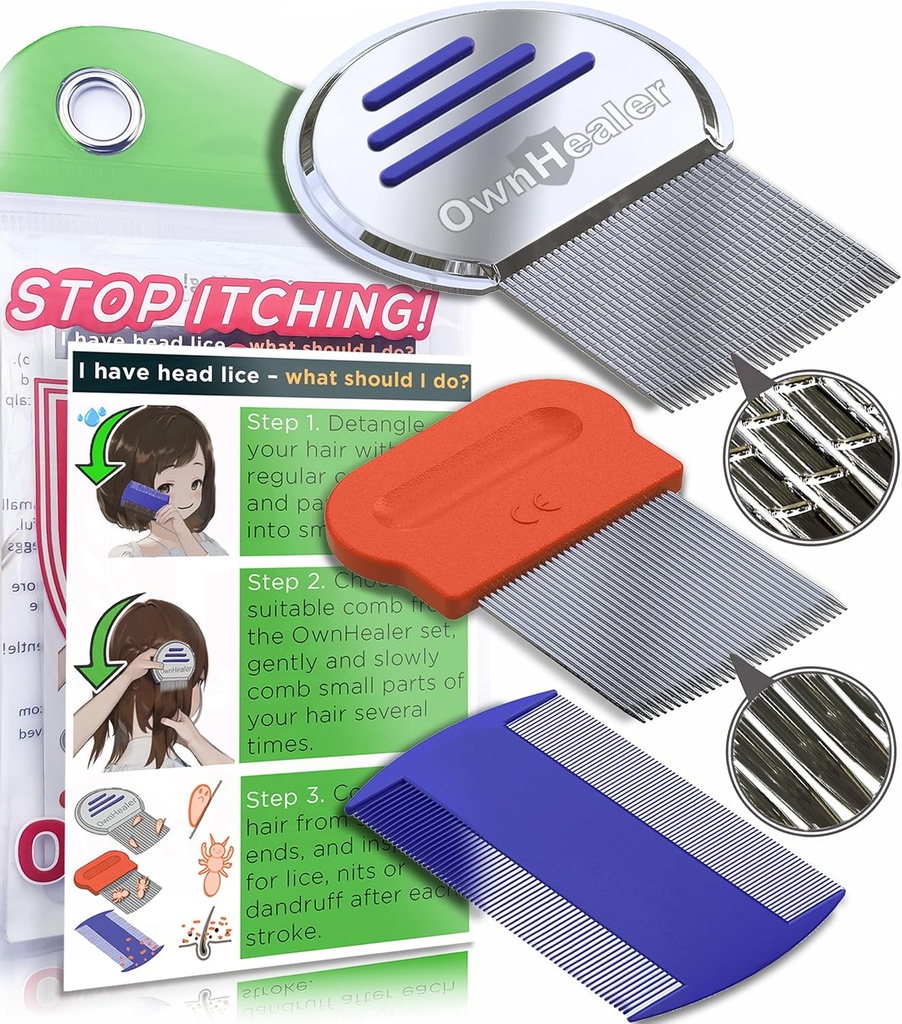OWNHEALER Professional Lice Comb Kit - for Lice, Nits, and Dandruff Removal. Rychlé výsledky pro ošetření víček hlavy - vhodné pro všechny typy vlasů. Peine para piojos y liendres.