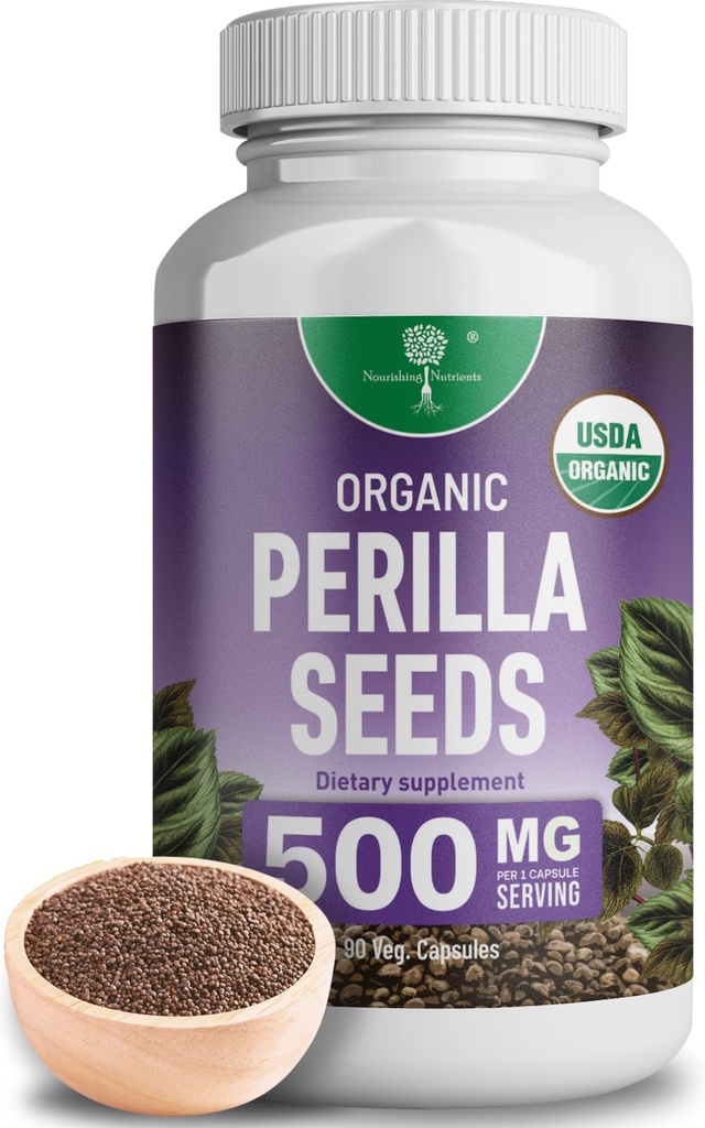 Organic Perilla Seed Extract with 9% Rosmarinic Acid - USDA Certified - Alergie Relief, Respirační a imunitní Booster - Th2 cytokiny, Přirozeně Occurring Luteolin - 500mg 90 tobolek