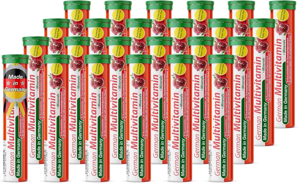 Německé Multvitamin + Minerály 10 Vitamíny 2 Minerály - 480 Vegan Drink Effervescent Tablety - Granátová Flavor - Vyrobeno v Německu