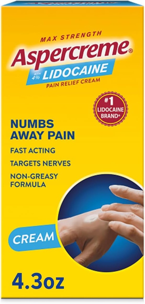 Aspercreme Lidocain Pain Relief Cream Soothes Agravated Nerves, Numbing Topical Angesic with Max- Strength 4% Lidocain & Moisturizing Aloe, 4.3 Oz.