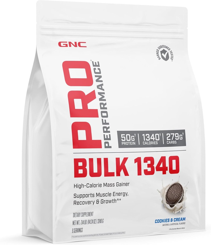 GNC Pro Performance Bulk 1340 Mass Gainer Protein Powder, 50g, Gluten Free, Syrovátka, Creatine, BCAA, 3. strana Testováno, Muscle Recovery & Growth, Mikronutrients, Cookies a krém, 9 Služeb