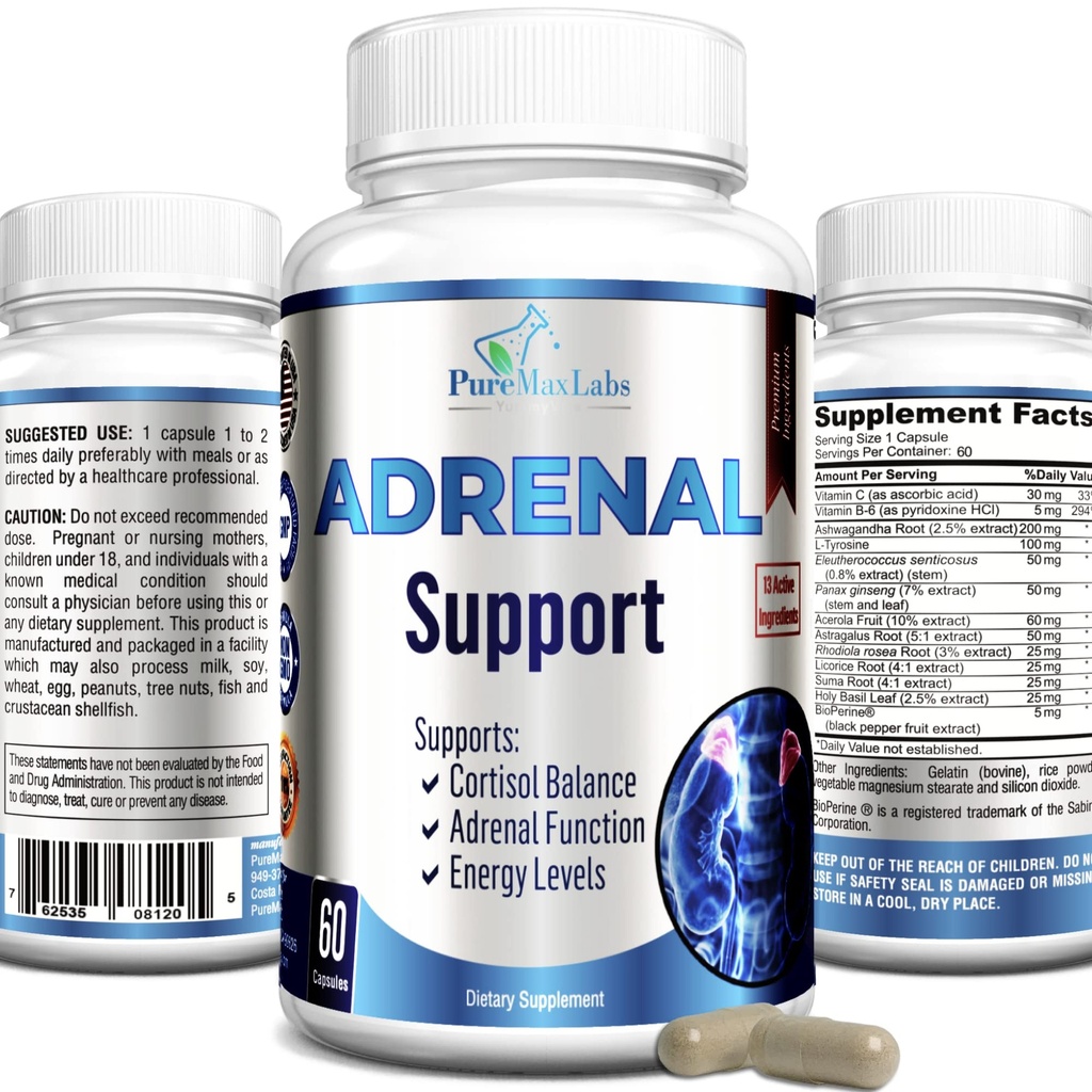 Adrenal Support, Cortisol Manager, Adrenal Health, Udržujte vyrovnané hladiny kortizolu, Stress Relief dodatek s Ashwagandha, L-Tyrosin - 60 Kapsle