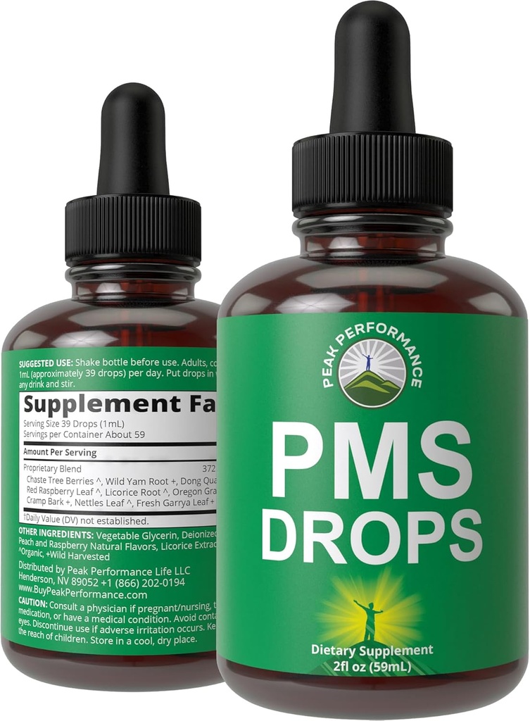 PMS Relief 9-in-1 Liquid Drops Dodatek. 9 Bylinné přísady na podporu období křeče bolest pro ženy. Vegan, Nulový cukr Vitamíny s Organic Chaste Tree Berries, Cramp Bark, Yam Root, Nettle Leaf
